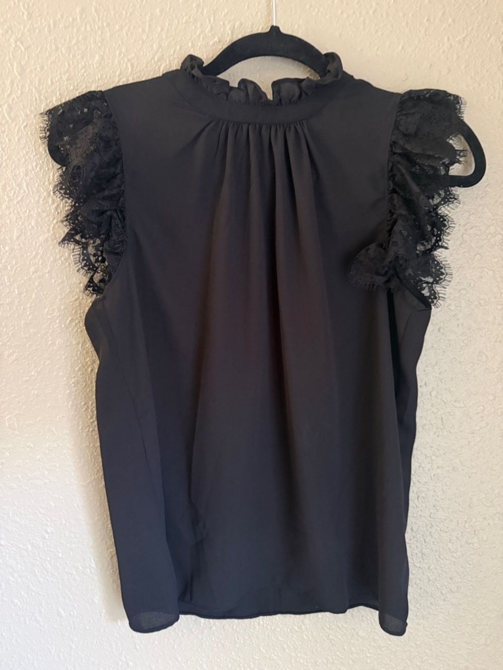 Catherine Malandrino Black Lace Flutter Sleeve Mock Neck Top